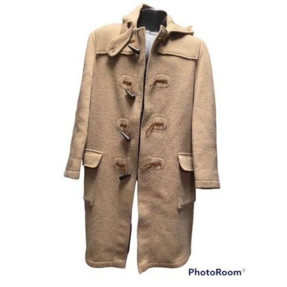 VTG Gloverall Wool Duffle Coat Tartan Lined Jacket Camel Size 42L Horn Toggle - Picture 1 of 9